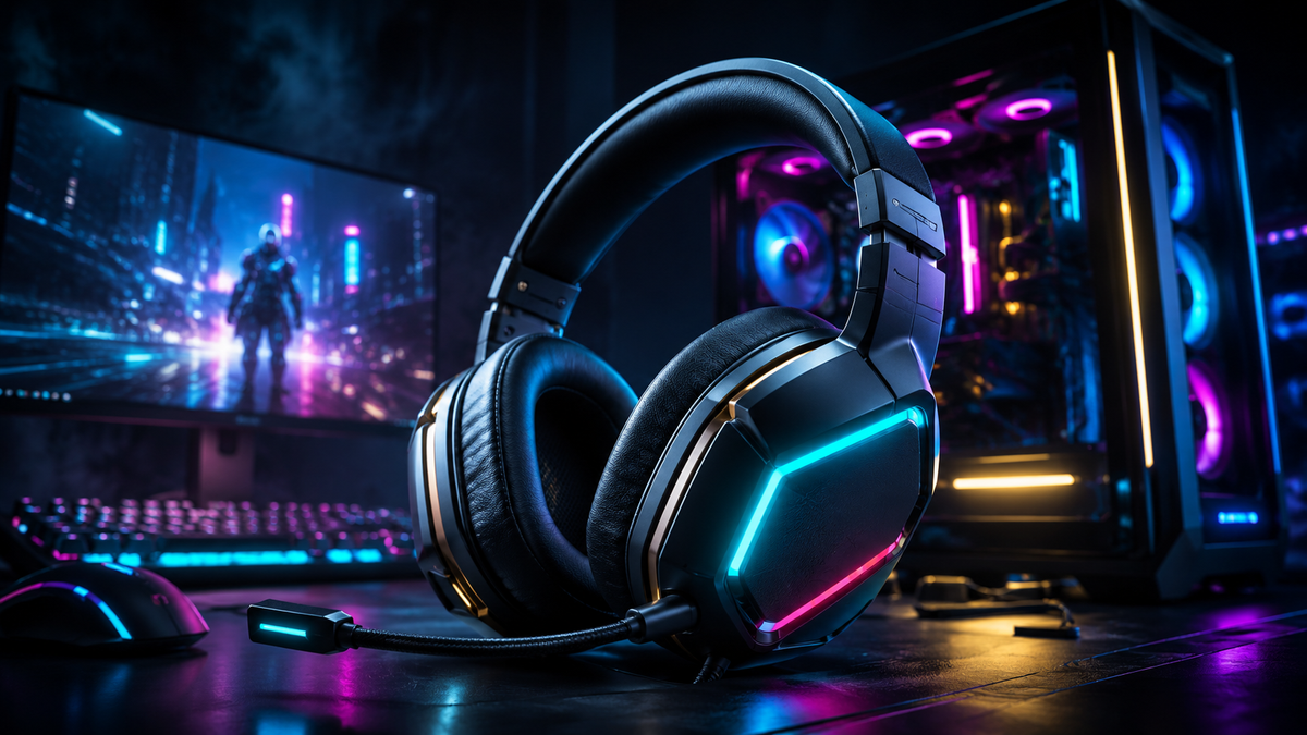 Gaming controller in front of an RGB gaming setup